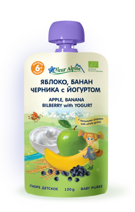 Fleur Alpine пюре детское Яблоко, Банан, Черника с Йогуртом, с 6 месяцев