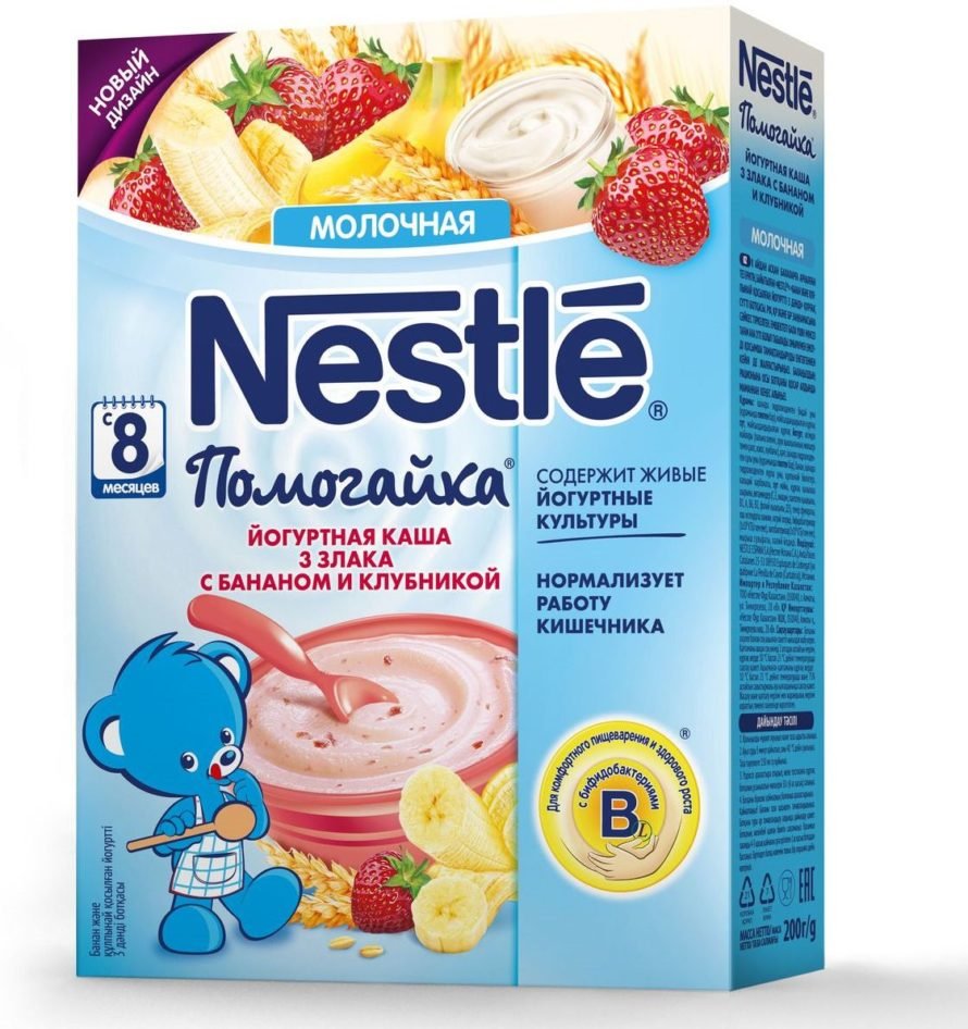 Каша Nestle молочная Помогайка 3 злака с йогуртом, бананом и клубникой (с 8 месяцев)