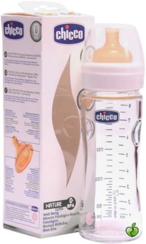 Chicco стеклянная бутылочка для кормления Well-Being с латексной соской 240 мл