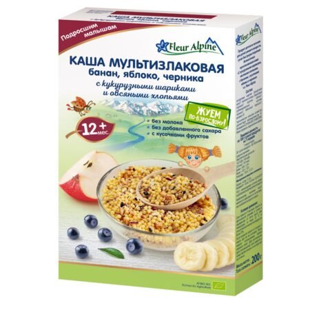 Fleur Alpine multi-grain porridgewith banana, apple and blueberry, with corn balls and oatmeal, from 12 months, 200 g