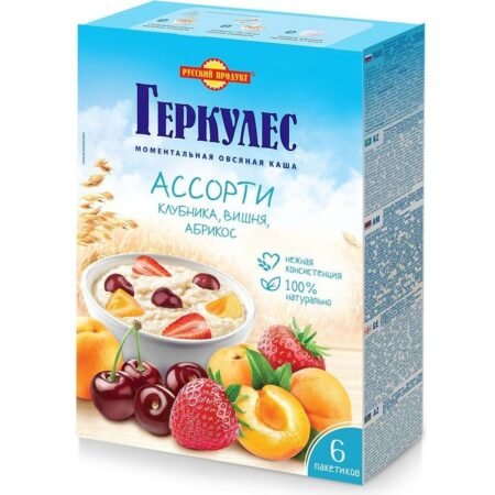 Русский продукт Геркулес овсяная каша ассорти: клубника, абрикос, вишня, с 1 года, 6 шт по 35 г